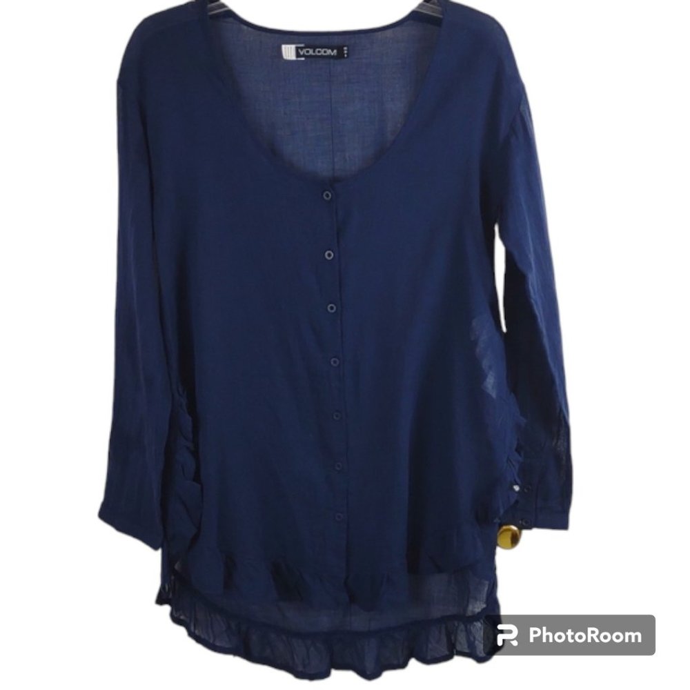 Volcom Blue Sheer Gauzy Hi-Lo Button LS Ruffle Hem Boho Tunic Blouse